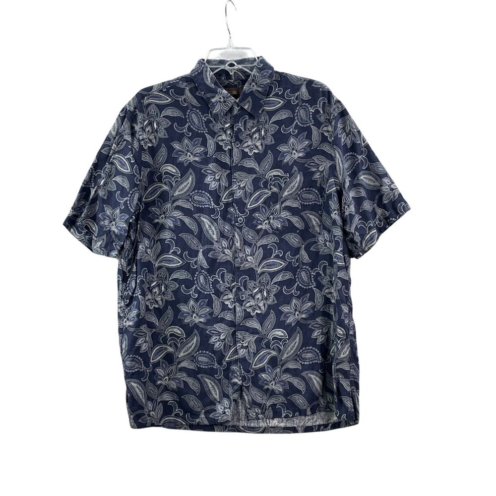 Tasso Elba Button Up Shirt Men Large Blue Paisley Silk Linen Short Sleeve Floral